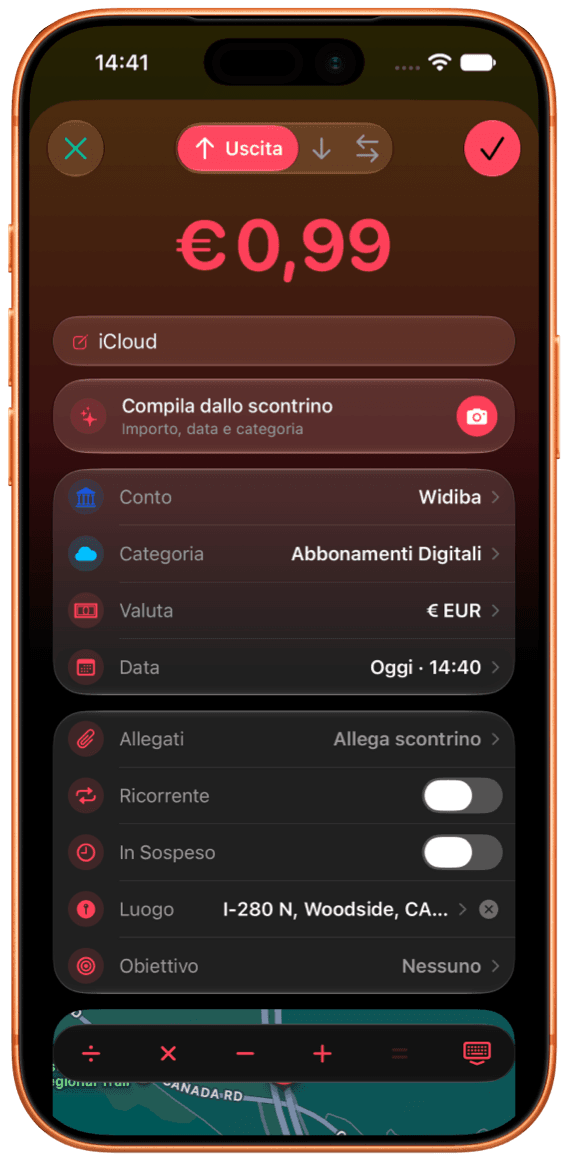 La schermata Aggiungi spesa di FlowBudget su iPhone