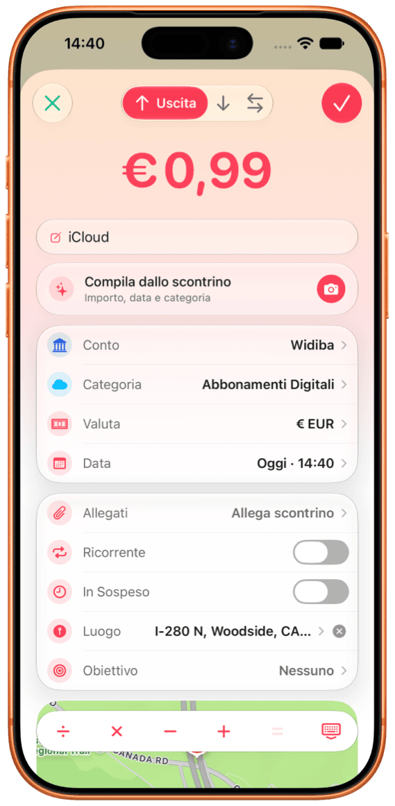 La schermata Aggiungi spesa di FlowBudget su iPhone