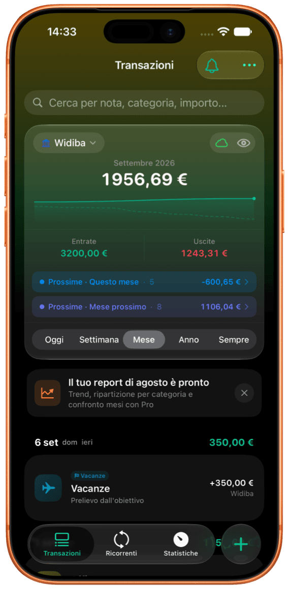 L’elenco delle transazioni di FlowBudget su iPhone, con il saldo del mese