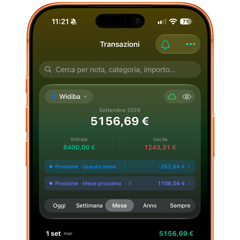FlowBudget su iPhone con l’interfaccia Liquid Glass di iOS 27