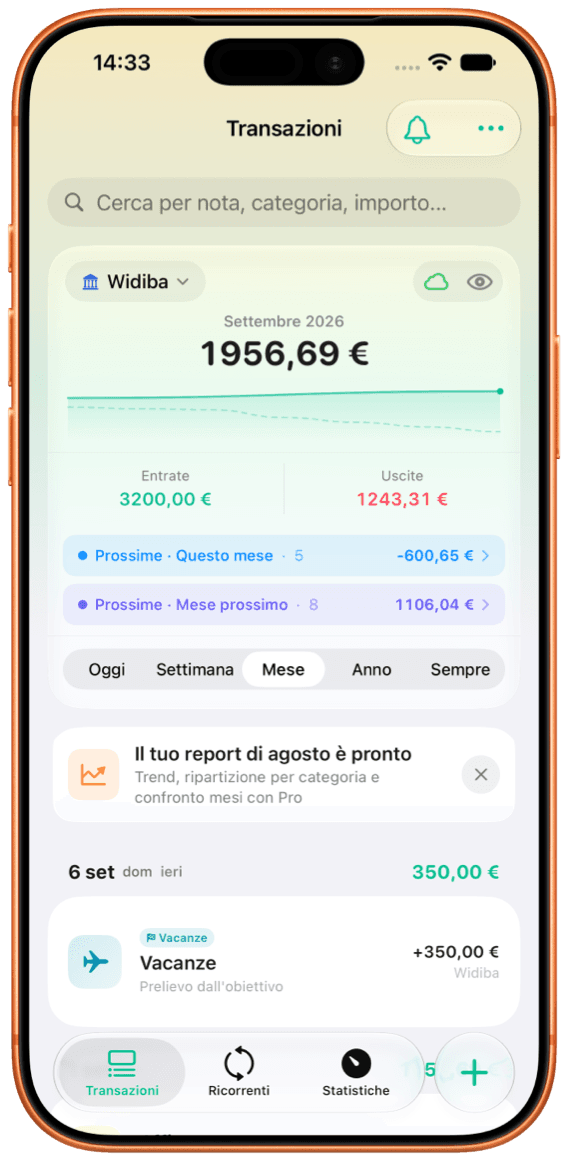 L’elenco delle transazioni di FlowBudget su iPhone, con il saldo del mese