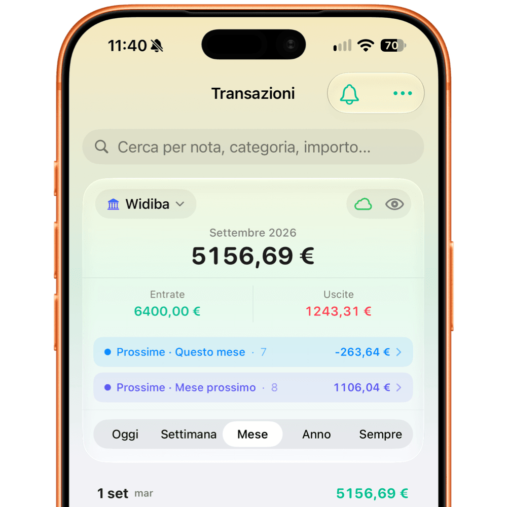 FlowBudget su iPhone con l’interfaccia Liquid Glass di iOS 27