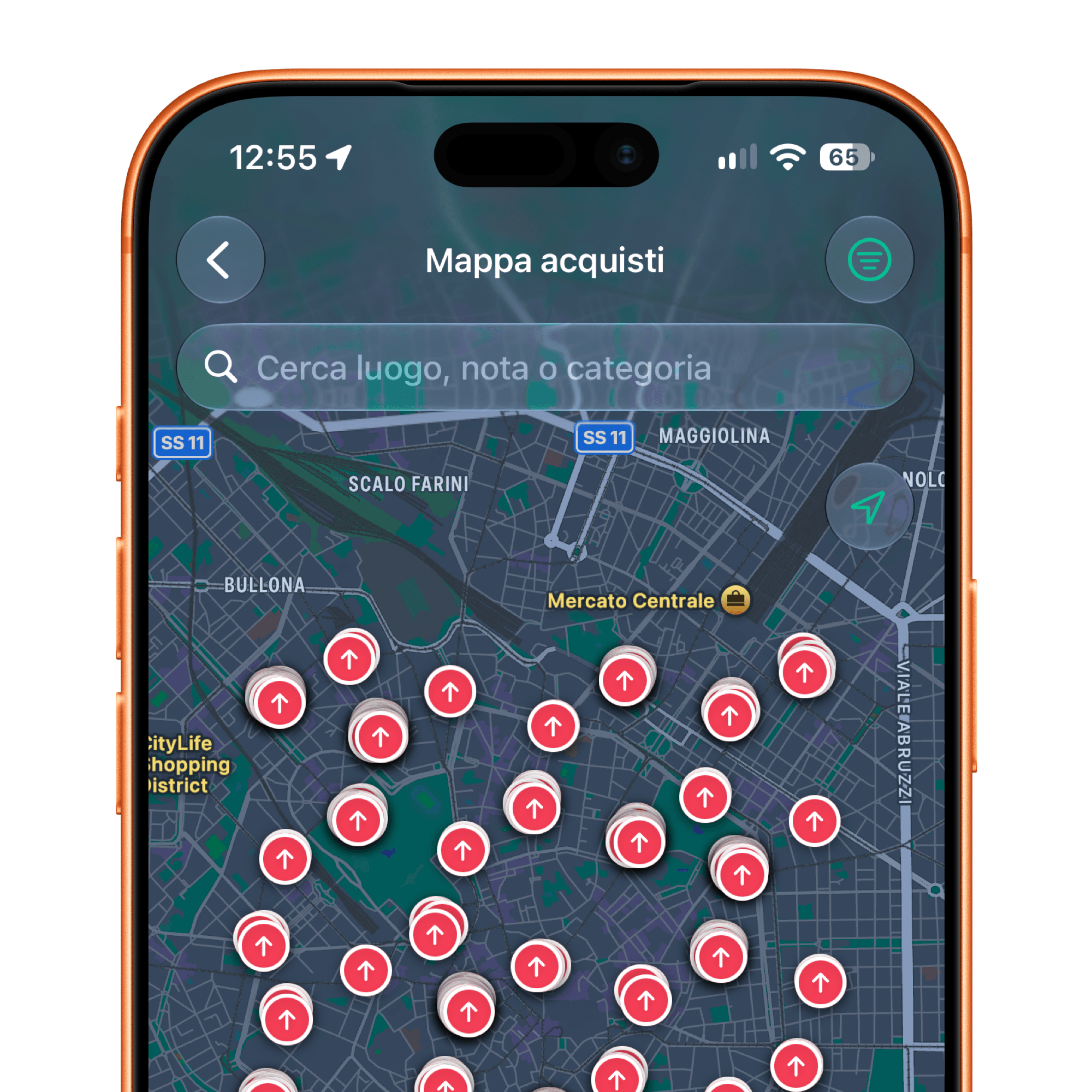La mappa delle spese in FlowBudget, con un segnaposto su ogni luogo