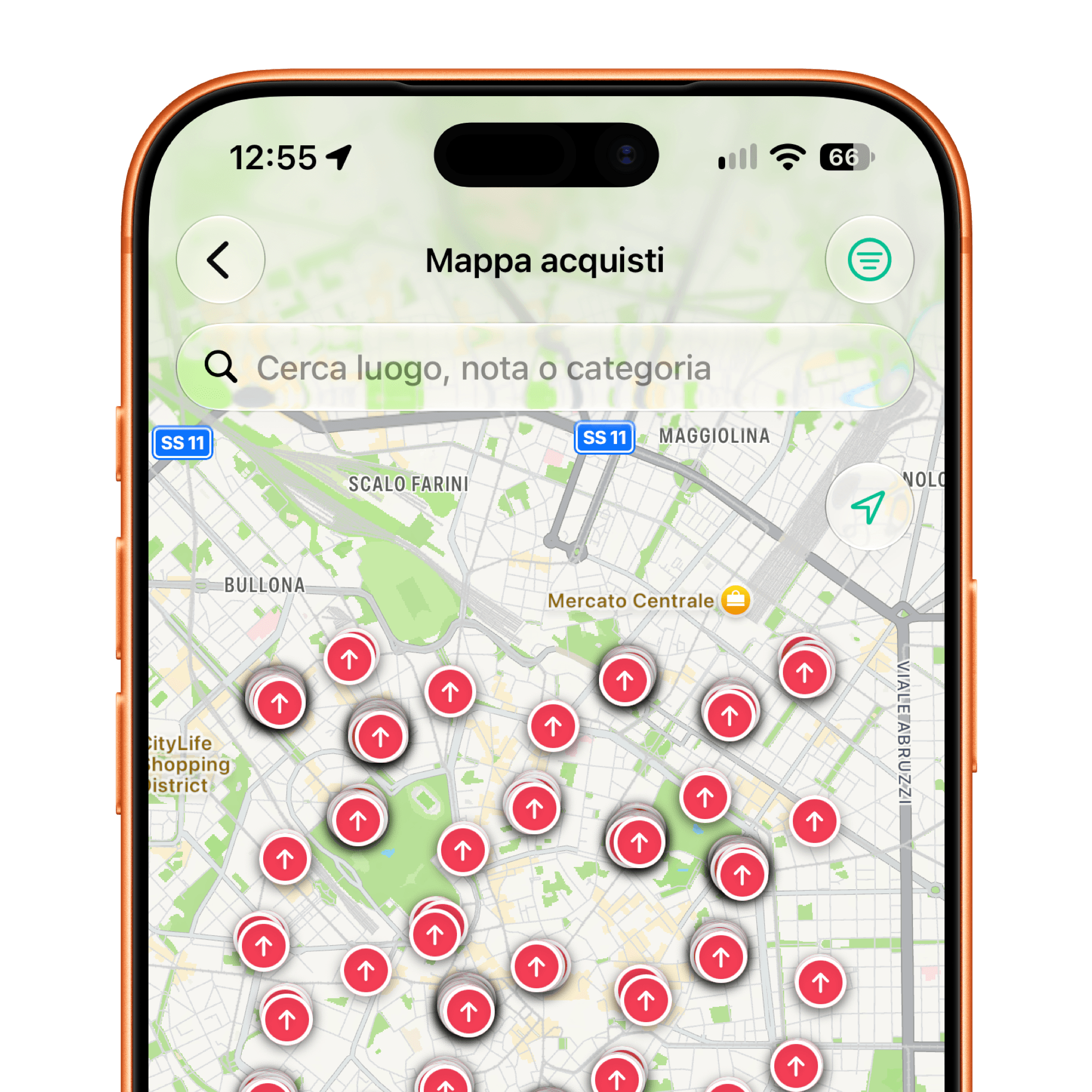 La mappa delle spese in FlowBudget, con un segnaposto su ogni luogo