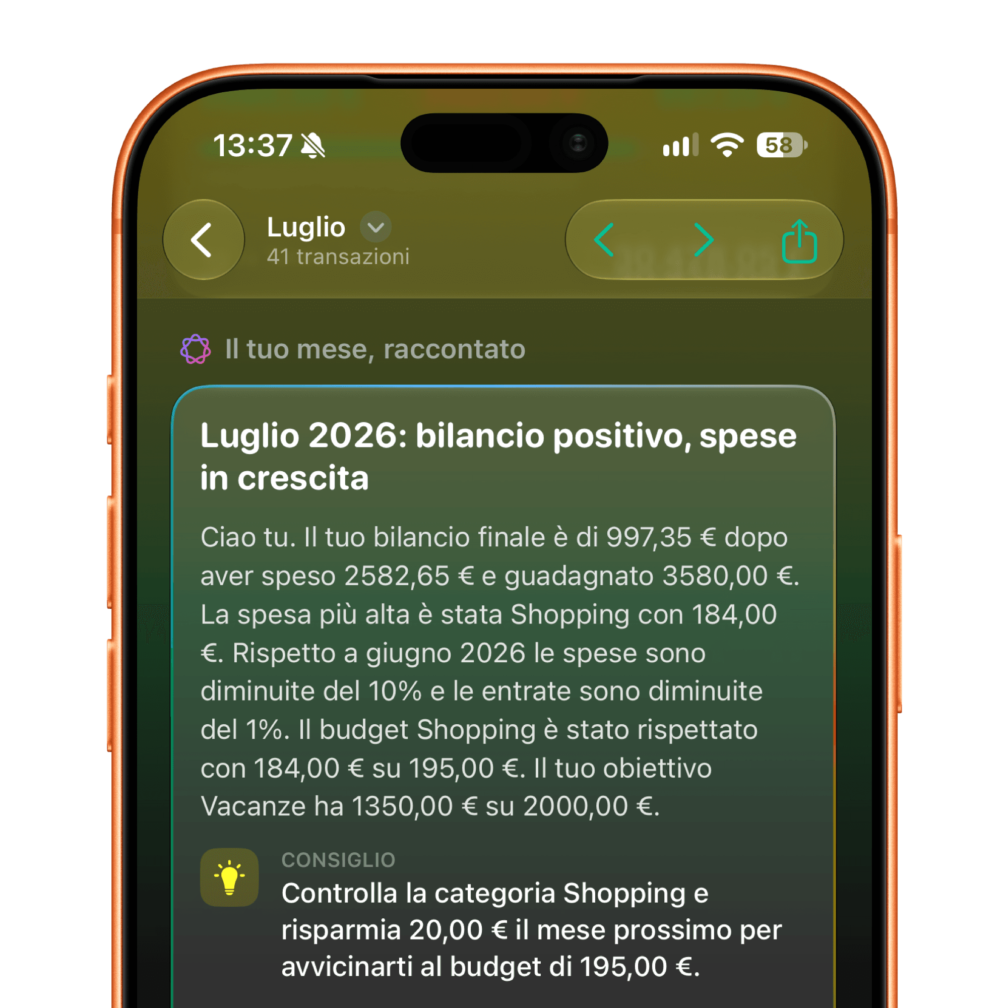 L’analisi mensile di FlowBudget, esportata in PDF A4
