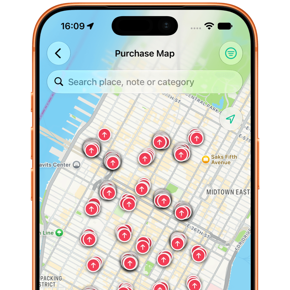 A map of expenses in FlowBudget, with a pin on each place